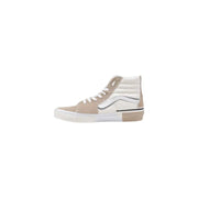 Baskets montantes Vans beiges et blanches pour hommestop Baskets avec tige en daim, empiècements latéraux en toile, détails en cuir et semelle en caoutchouc, pointure 44.