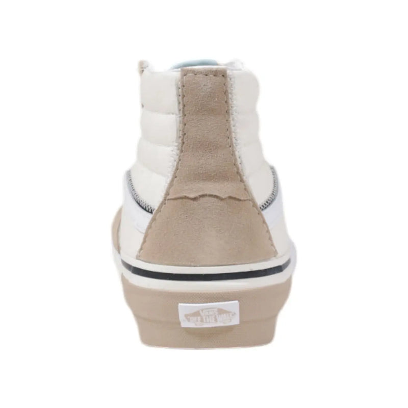 Vans men sneakers beige leather high-top with suede accents and classic rubber sole size 10 shown from the back side