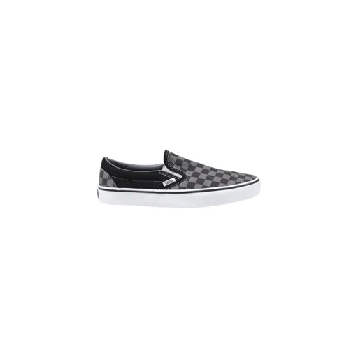 Baskets Vans homme noires en tissu, modèle classique à enfiler, basses top avec un motif à damier noir et gris et une semelle en caoutchouc blanc