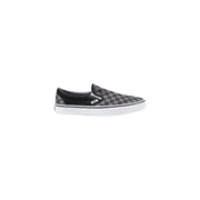 Vans men sneakers black fabric slip-on classic low top with black and gray checkerboard pattern and white rubber sole