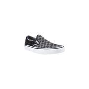 Baskets Vans pour homme, modèle classique bas en tissu noir. top chaussures à enfiler avec motif à damier noir et gris et semelle en caoutchouc blanc