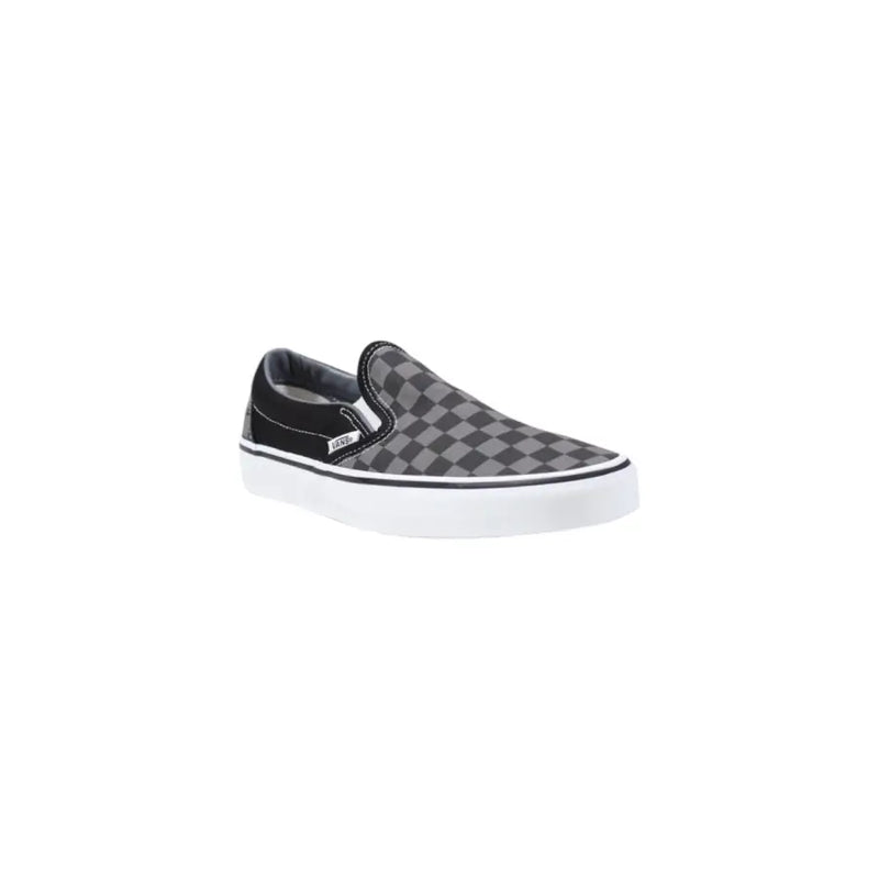 Baskets Vans pour homme, modèle classique bas en tissu noir. top chaussures à enfiler avec motif à damier noir et gris et semelle en caoutchouc blanc