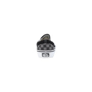 Baskets Vans pour homme, modèle classique bas en tissu noir. top chaussures à enfiler à damier noir et gris et semelle en caoutchouc blanc