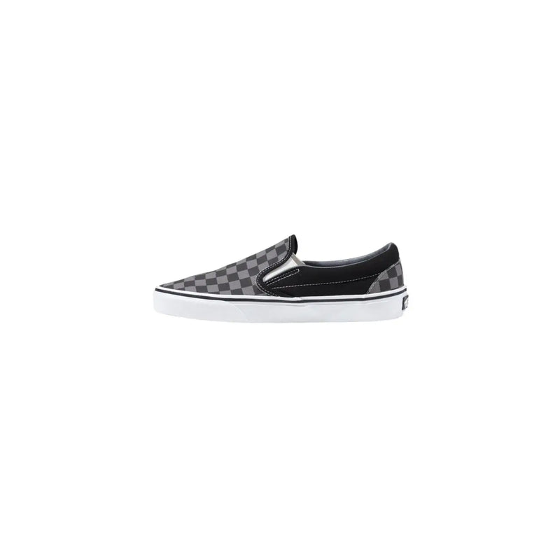 Vans men sneakers black fabric slip-on with black and gray checkerboard pattern and white rubber sole