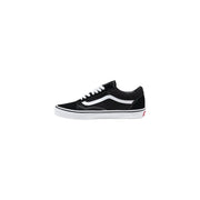 Black suede vans men sneakers with white laces classic side stripe and red logo on the heel back side view