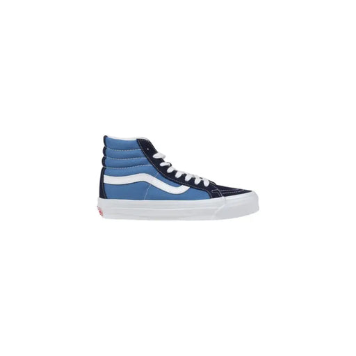 Baskets montantes Vans pour homme en cuir bleutop avec des détails noirs, des lacets blancs, une bande logo classique et une semelle en caoutchouc blanc