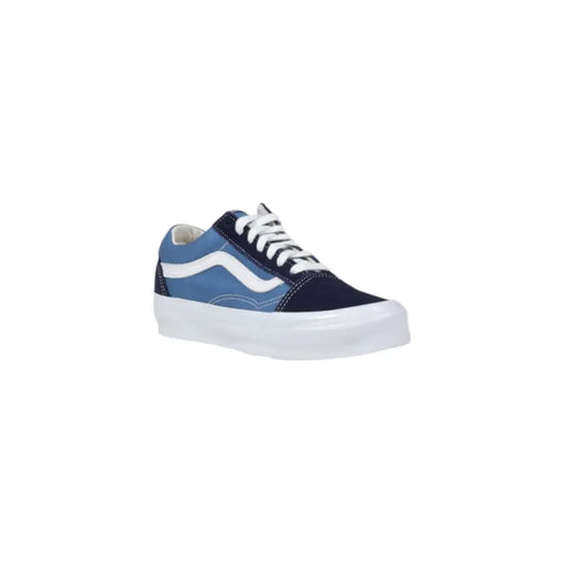 Baskets Vans homme bleu marine et bleu clair en toile avec lacets blancs et semelle gaufrée classique, idéales pour le printemps et l'été.
