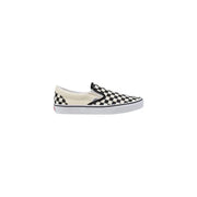 Baskets Vans pour homme, modèle classique en toile blanche, référence vn000eyebww1, avec logo rouge au talon. Modèle slip-on en toile à damier noir et blanc.