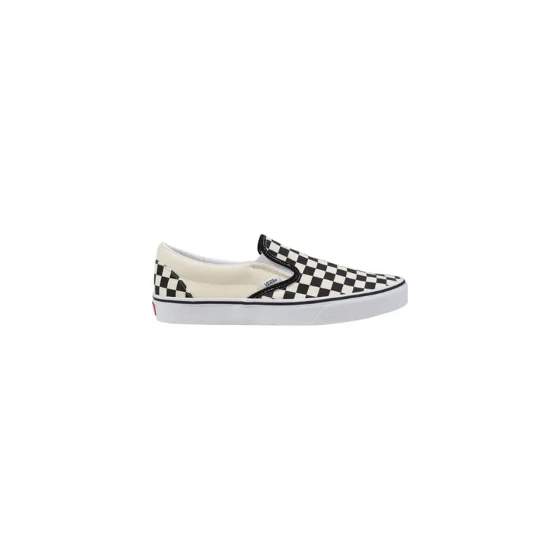 Baskets Vans pour homme, modèle classique en toile blanche, référence vn000eyebww1, avec logo rouge au talon. Modèle slip-on en toile à damier noir et blanc.