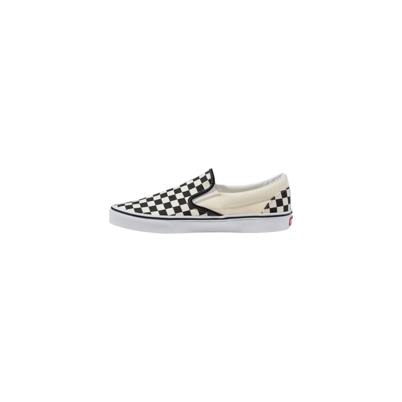 Vans men sneakers white fabric classic slip-on shoes with black and white checkerboard canvas and red logo on heel back view