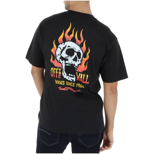 T-shirt Vans homme noir en coton, col rond, manches courtes, orné d'une tête de mort blanche avec des flammes et d'un texte décalé
