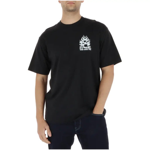 T-shirt Vans homme noir en coton, col rond, manches courtes, avec motif de crâne enflammé blanc et texte décalé