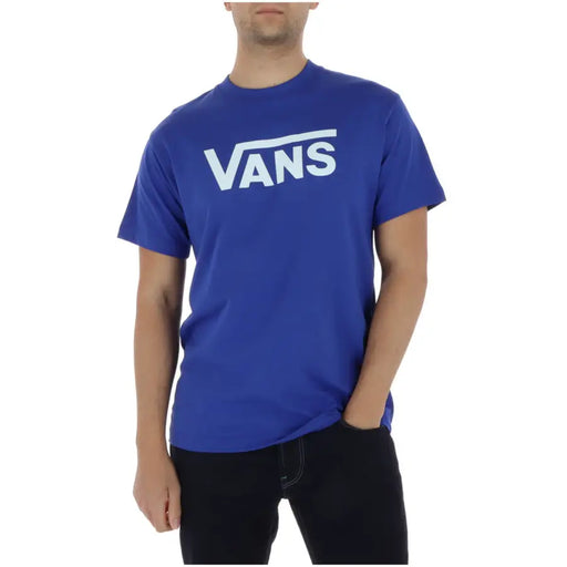 T-shirt Vans bleu roi pour homme, en coton, col rond, manches courtes et logo blanc bien visible sur la poitrine.