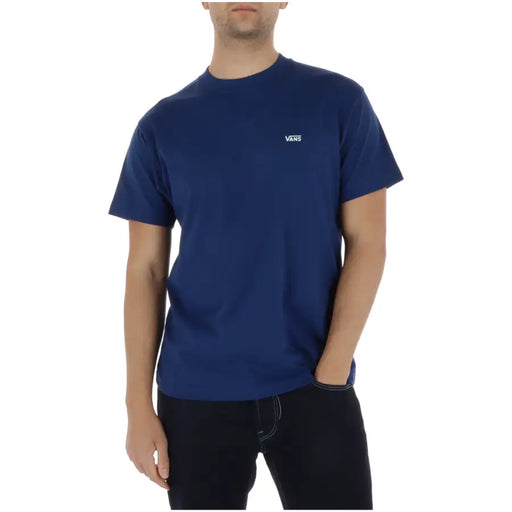 T-shirt Vans bleu marine pour homme, col rond, petit logo blanc, 100 % coton, manches courtes.