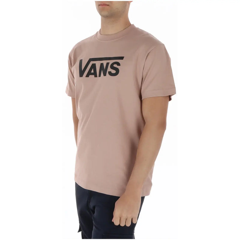 A dusty rose vans men t shirt made of brown cotton with a round neck and bold black logo on the chest