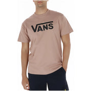 A dusty rose vans men t shirt brown cotton with round neck and short sleeves featuring a bold black logo