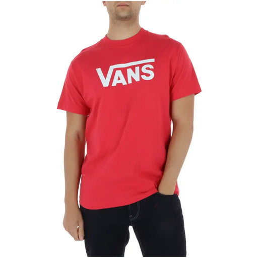 T-shirt homme Vans corail à col rond, 100 % coton, manches courtes, logo rouge, lettrage blanc et rayures horizontales.