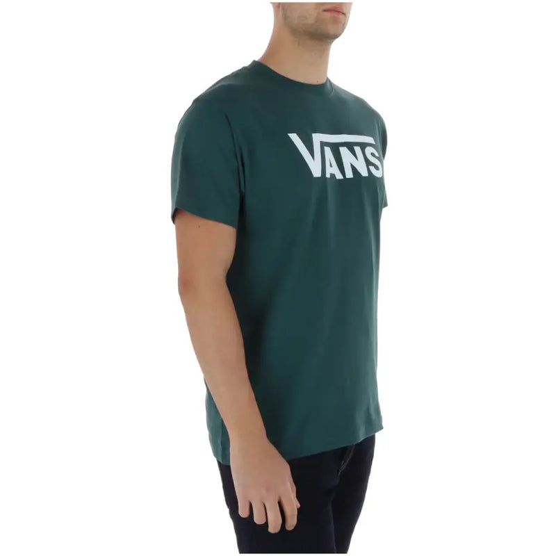 T-shirt homme Vans vert foncé avec logo blanc imprimé, col rond, manches courtes, en coton, idéal pour un look décontracté.