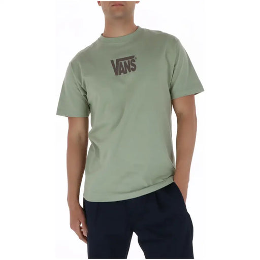 T-shirt Vans homme vert, col rond, 100 % coton, manches courtes, logo marron foncé sur la poitrine