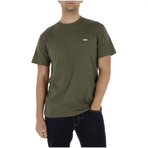 T-shirt homme Vans vert olive avec petit logo blanc sur la poitrine gauche, col rond, 100 % coton, manches courtes