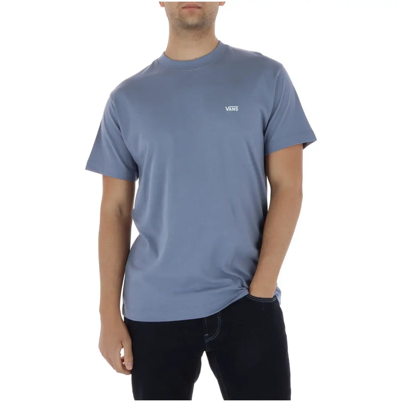 T-shirt Vans pour homme, bleu clair, en coton, manches courtes, col rond et petit logo blanc sur la poitrine gauche.