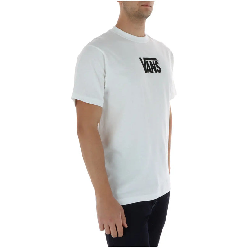 T-shirt Vans blanc pour homme, en coton, manches courtes, col rond et logo noir sur la poitrine.