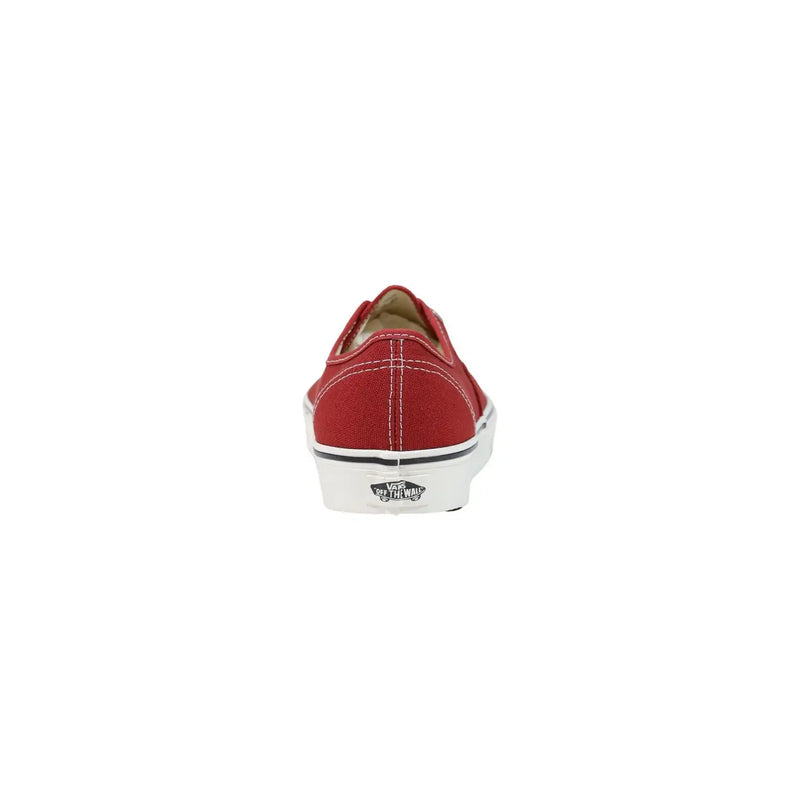 Baskets Vans rouges en toile pour homme, avec semelle en caoutchouc blanc et lacets à rayures noires.