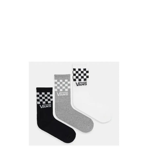 Ensemble de trois paires de chaussettes Vans pour homme, coloris noir chiné, gris et blanc, avec motif à damier classique et logo Vans.
