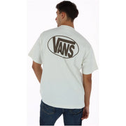 T-shirt Vans pour homme, blanc, en coton, col rond, dos nu, avec logo ovale noir Vans imprimé au dos.