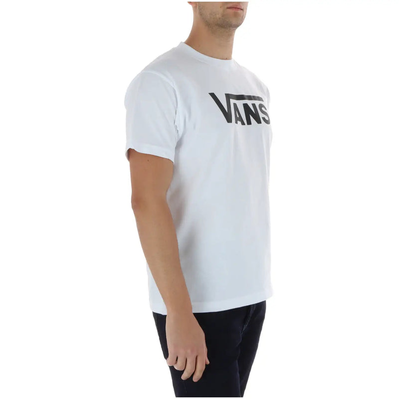 T-shirt Vans pour homme, blanc, en coton, col rond, avec logo Vans noir imprimé sur la poitrine.