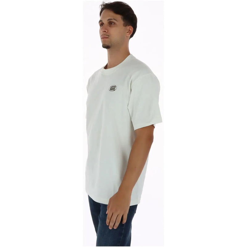 T-shirt Vans pour homme, blanc, en coton, col rond, manches courtes, avec petit logo noir sur la poitrine gauche.