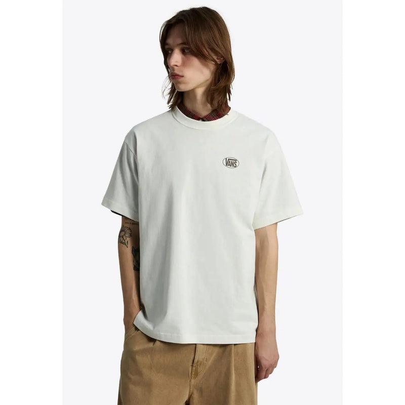 Off-white T-shirt Vans pour homme, blanc, en coton, manches courtes, col rond et petit logo noir sur la poitrine gauche.