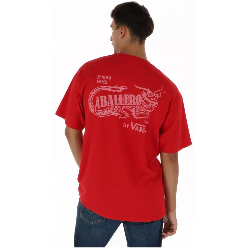 T-shirt rouge Vans pour homme en coton à col rond, orné d'un motif de dragon Aballero en rouge vif.