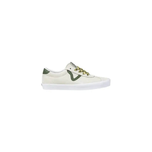 Vans Beige and Green Low Top Skate Sneakers displayed on a product page