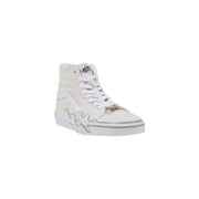 White high-top sneaker with flame design and lace-up closure.