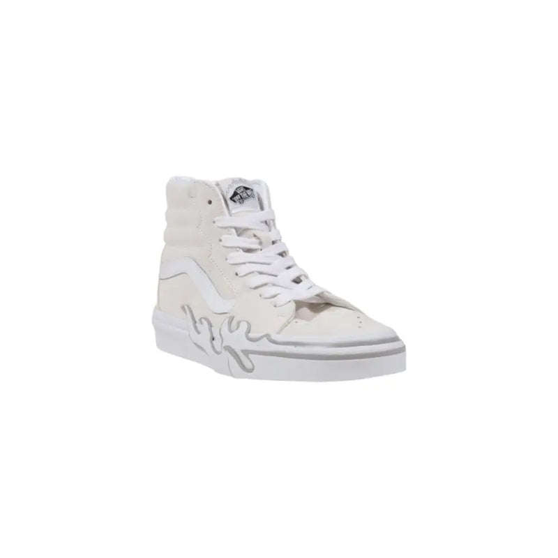 White high-top sneaker with flame design and lace-up closure.