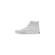 White high-top vans flame sneaker with leather accents and a classic design.