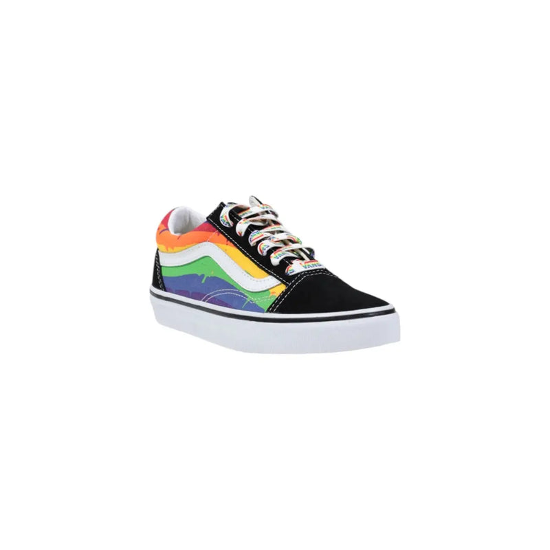 Black canvas vans women fabric sneakers with vibrant rainbow gradient side design and multicolored laces sporty slip