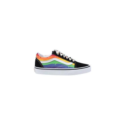 Baskets Vans pour femme, en tissu noir avec des éclaboussures de peinture arc-en-ciel éclatantes sur le côté et le talon, lacets blancs, semelle classique