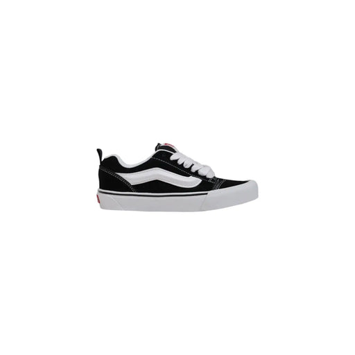 Baskets Vans pour femmes en cuir noir à lacets, chaussures d'automne avec tige classique en toile noire et blanche, semelle en caoutchouc et bande latérale.