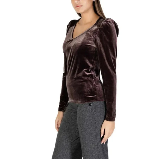 Velvet long-sleeved top featured in B.young Women’s Brown V-Neck Knit Sweater