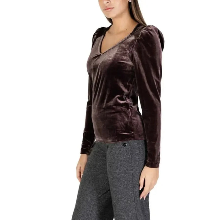 Velvet long-sleeved top featured in B.young Women’s Brown V-Neck Knit Sweater