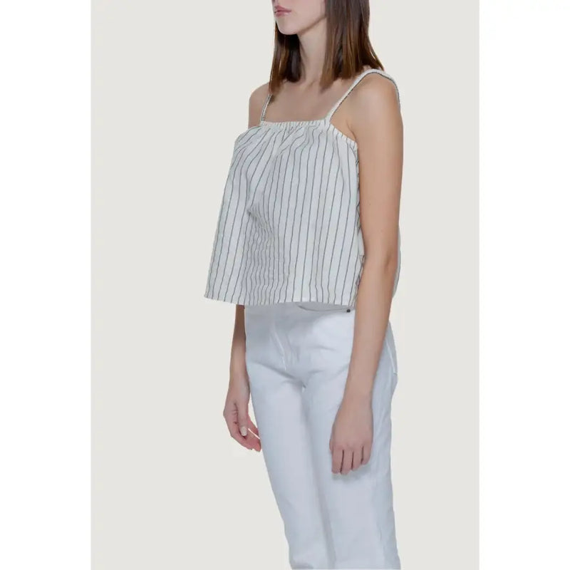 Vero Moda beige pinstripe tank top for women featuring a white and black vertically striped sleeveless design with thin straps