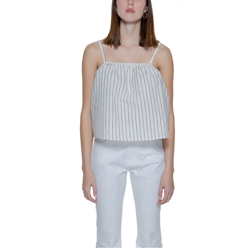 Vero moda beige pinstripe tank top for women featuring a white and navy blue vertically striped sleeveless design with thin straps