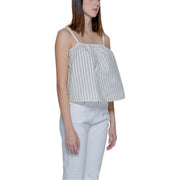 Vero moda beige pinstripe tank top for women featuring white and black vertically striped off-the-shoulder camisole design with thin straps