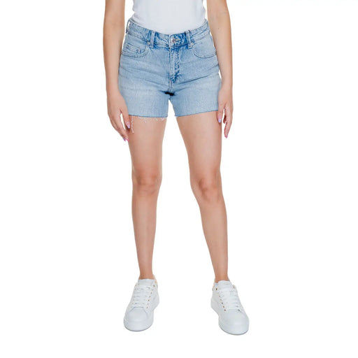 Vero Moda black light-wash denim shorts with high-rise waist and frayed hem