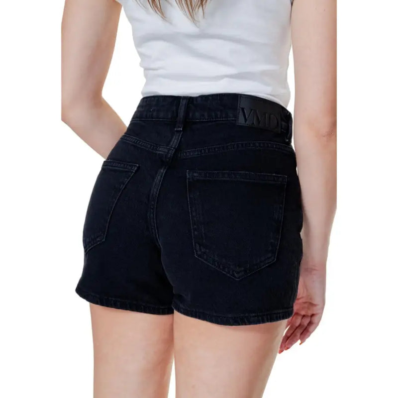 Back view of vero moda black cotton high waist denim shorts with pockets and a branded belt loop at the top