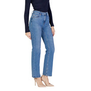 Vero Moda Jean bleu pour femme, taille haute, coupe droite, délavage moyen, coutures classiques et effet délavé