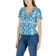 Vero moda light blue printed viscose short sleeve blouse with blue and white pattern and ruffled sleeves