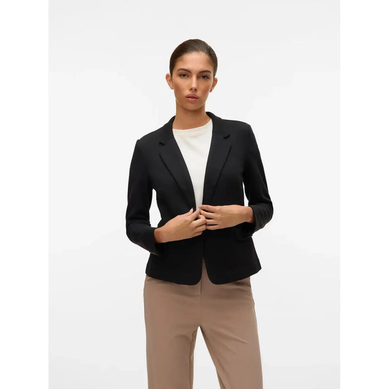 Vero Moda women black cotton blazer with v neck featuring a sleek tailored fit and subtle sheen